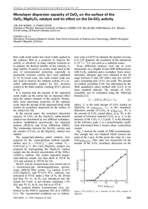 (PDF) Monolayer dispersion capacity of CeO2 on the surface of the CeO2 ...