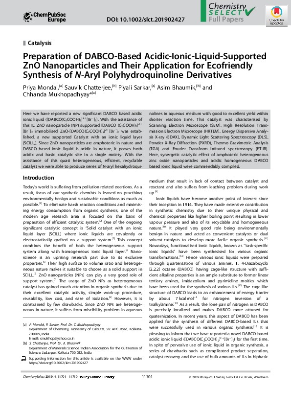 (PDF) Preparation of DABCO‐Based Acidic‐Ionic‐Liquid‐Supported ZnO ...