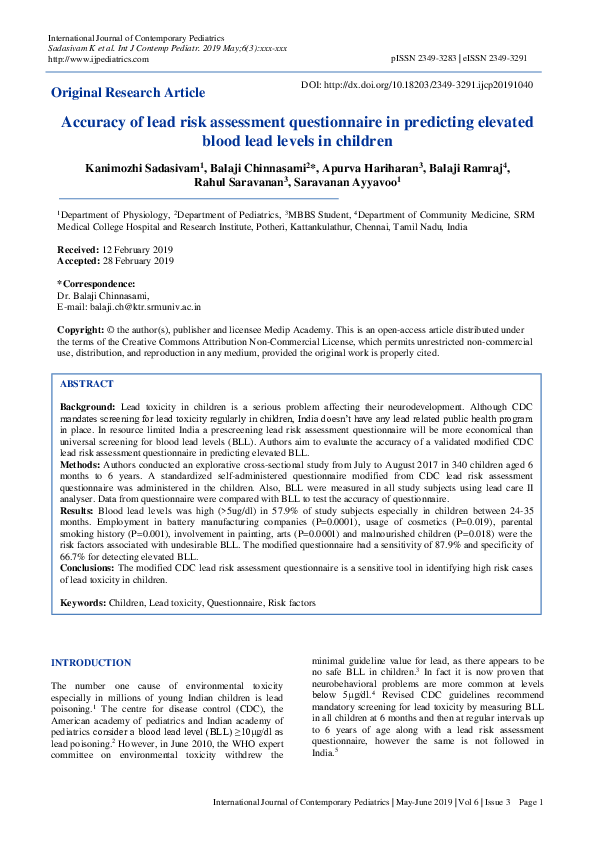 (PDF) Accuracy of lead risk assessment questionnaire in predicting ...