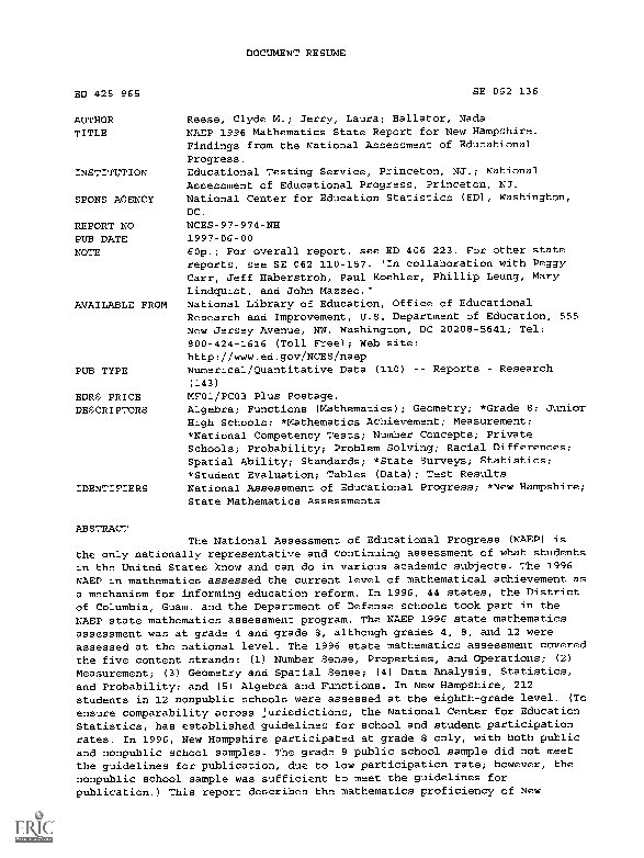 (PDF) NAEP 1996 Mathematics State Report for New Hampshire. Findings ...