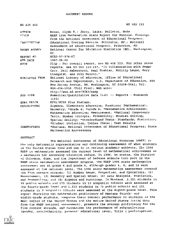 (PDF) NAEP 1996 Mathematics State Report for Montana. Findings from the ...