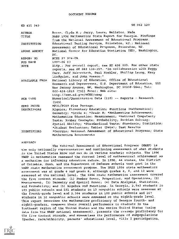 (PDF) NAEP 1996 Mathematics State Report for Georgia. Findings from the ...