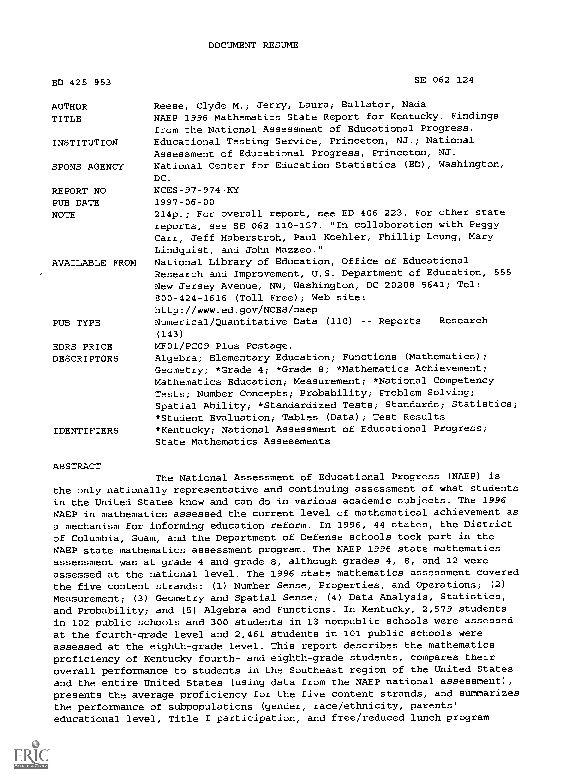 (PDF) NAEP 1996 Mathematics State Report for Kentucky. Findings from ...