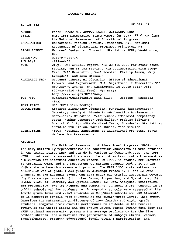 (PDF) NAEP 1996 Mathematics State Report for Iowa. Findings from the ...