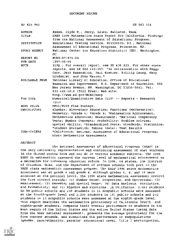 (PDF) NAEP 1996 Mathematics State Report for California. Findings from ...