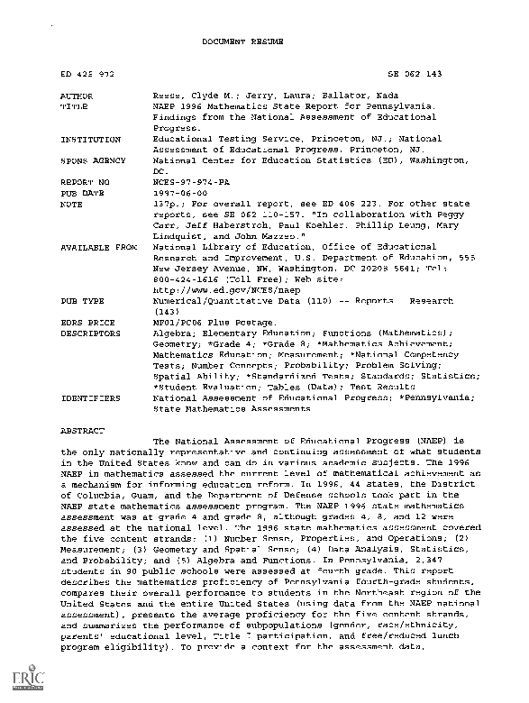 (PDF) NAEP 1996 Mathematics State Report for Pennsylvania. Findings ...