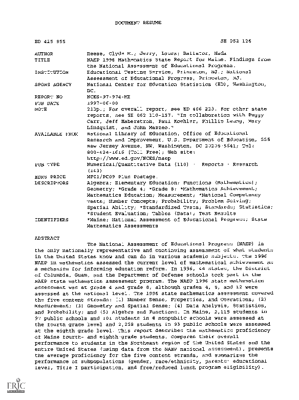 (PDF) NAEP 1996 Mathematics State Report for Maine. Findings from the ...