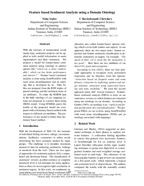 (PDF) Feature based Sentiment Analysis using a Domain Ontology