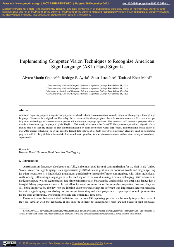 (PDF) Implementing Computer Vision Techniques to Recognize American ...