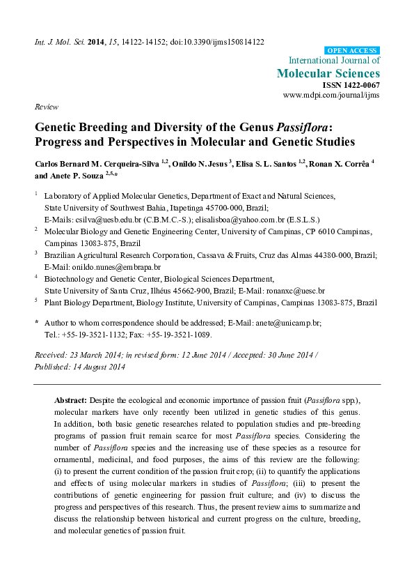 (PDF) Genetic Breeding and Diversity of the Genus Passiflora: Progress ...