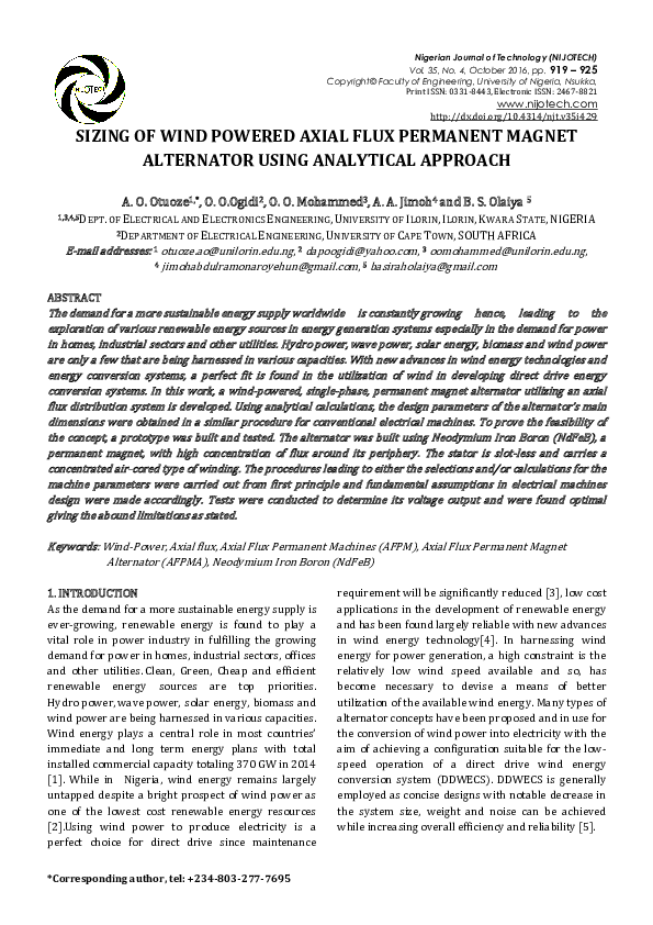 (PDF) Sizing of Wind Powered Axial Flux Permanent Magnet Alternator ...