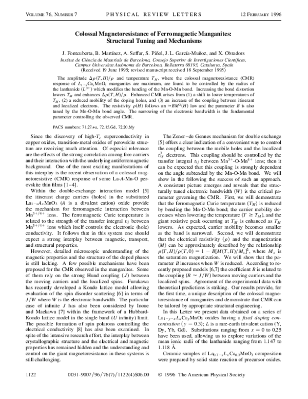 Pdf Colossal Magnetoresistance Of Ferromagnetic Manganites