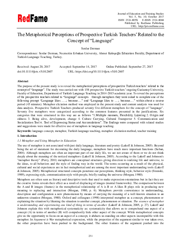 (PDF) The Metaphorical Perceptions of Prospective Turkish Teachers ...