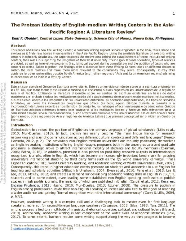 (PDF) The Protean Identity of Englishmedium Writing Centers in the Asia Pacific Region A