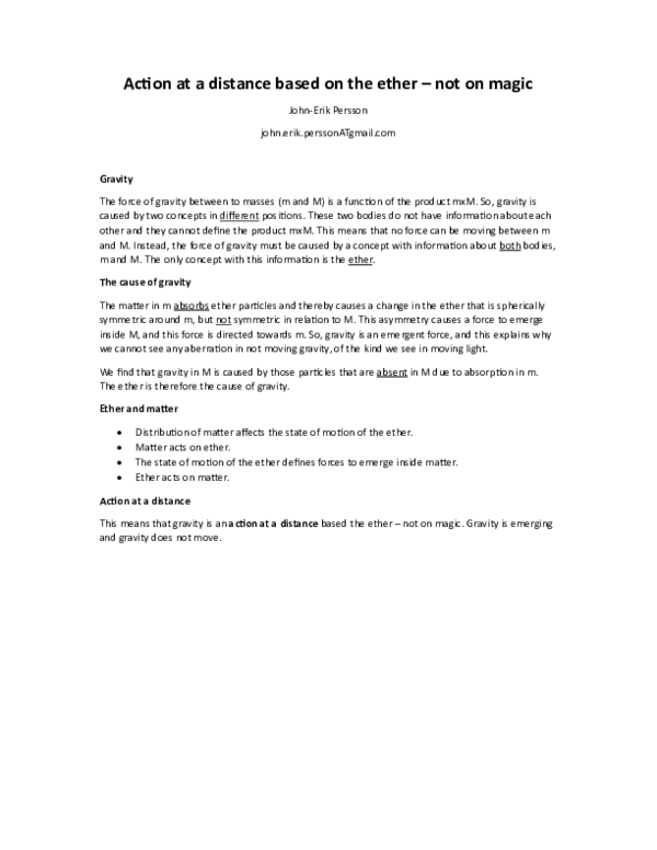 (PDF) Action at a distance based on the ether - not on magic
