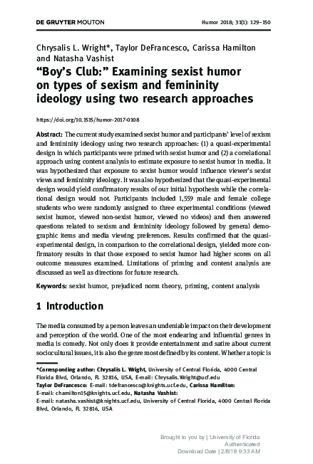 (PDF) “Boy’s Club:” Examining sexist humor on types of sexism and ...