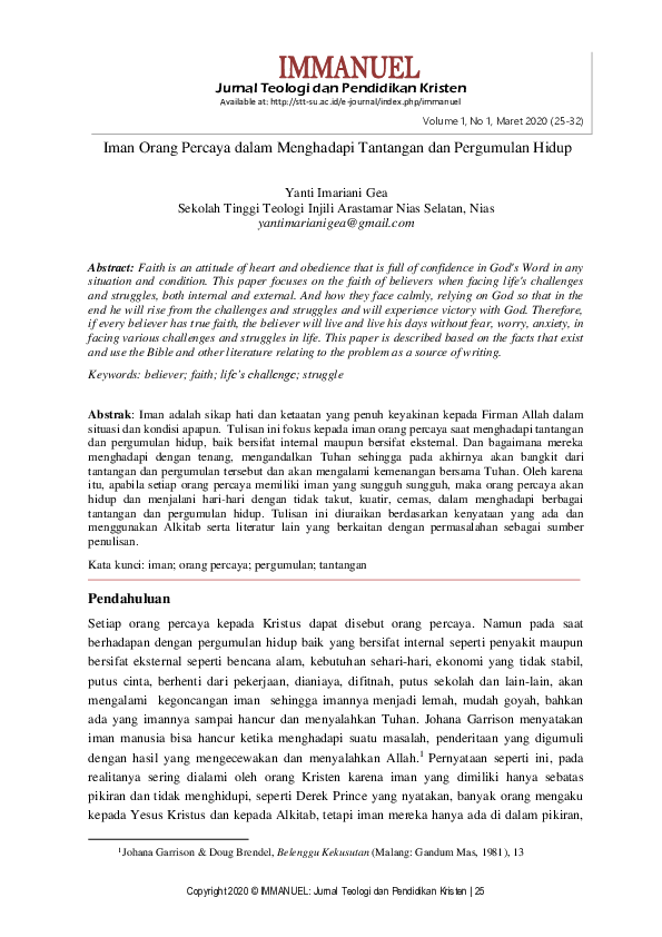 Pdf Iman Orang Percaya Dalam Menghadapi Tantangan Dan Pergumulan Hidup