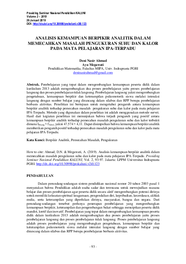 Analisis Kemampuan Berpikir Analitik Dalam Memecahkan Masalah Pengukuran Suhu Dan Kalor Pada Mata Pelajaran Ipa-Terpadu