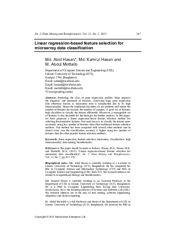 (PDF) Linear regression-based feature selection for microarray data ...