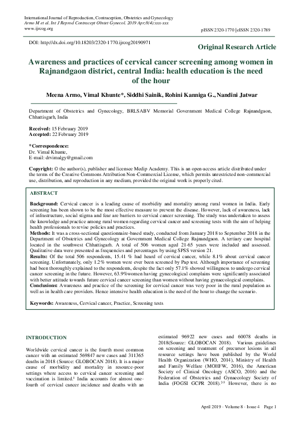 (PDF) Awareness and practices of cervical cancer screening among women ...