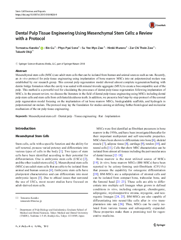 (PDF) Dental Pulp Tissue Engineering Using Mesenchymal Stem Cells: a ...