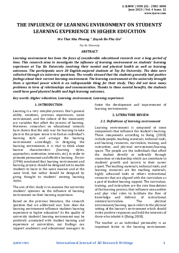 (PDF) THE INFLUENCE OF LEARNING ENVIRONMENT ON STUDENTS' LEARNING ...