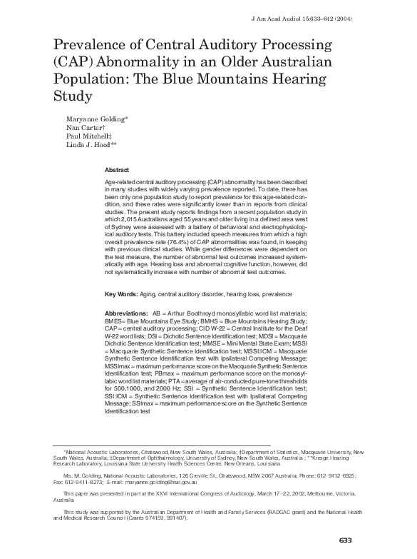 (PDF) Prevalence of Central Auditory Processing (CAP) Abnormality in an ...