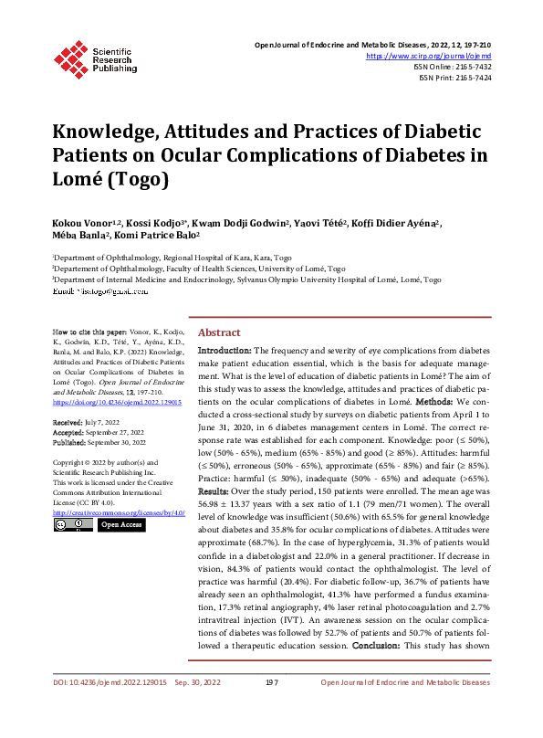 (PDF) Knowledge, Attitudes and Practices of Diabetic Patients on Ocular ...