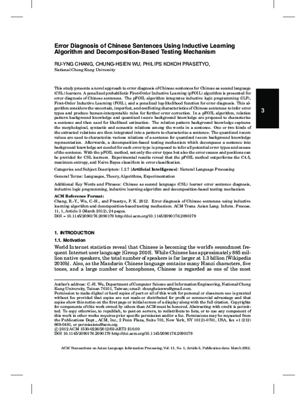 (PDF) Error Diagnosis of Chinese Sentences Using Inductive Learning ...