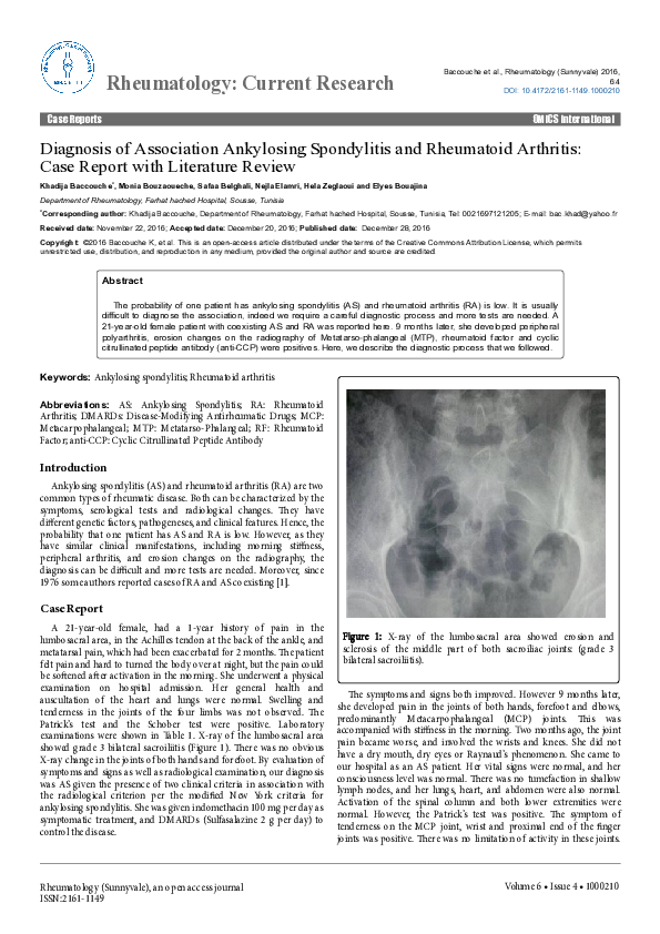 (PDF) Diagnosis of Association Ankylosing Spondylitis and Rheumatoid ...