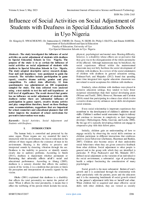 (PDF) Influence of Social Activities on Social Adjustment of Students ...