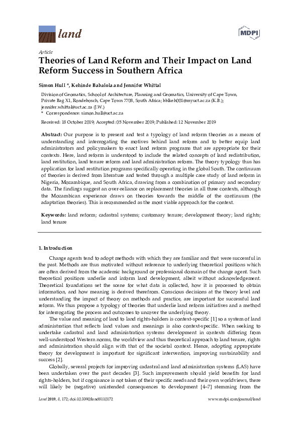 (PDF) Theories of Land Reform and Their Impact on Land Reform Success ...