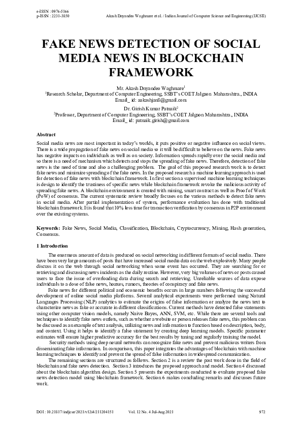 (PDF) Fake News Detection of Social Media News in Blockchain Framework