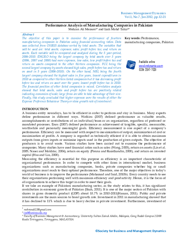 (PDF) Performance Analysis of Manufacturing Companies in Pakistan