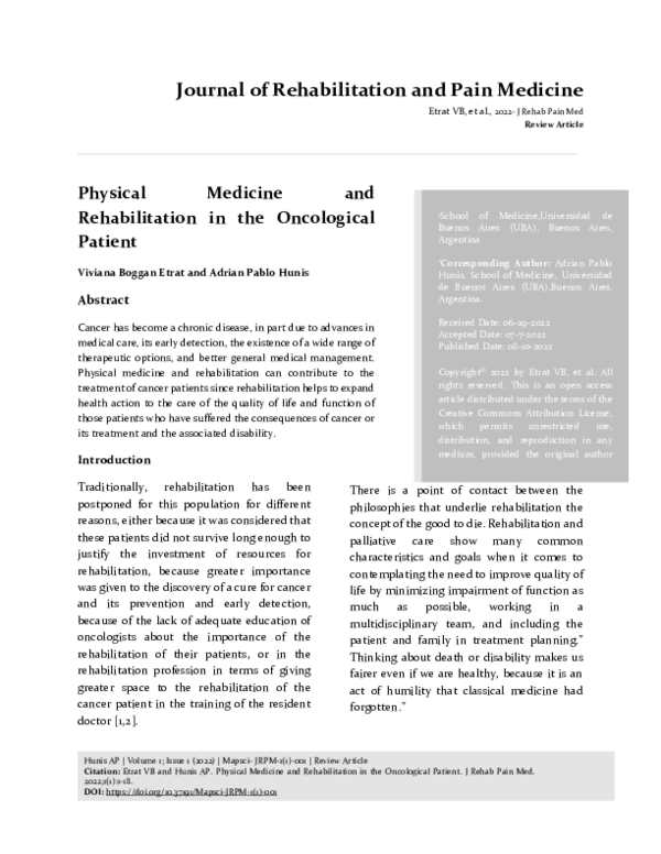 (PDF) Physical Medicine and Rehabilitation in the Oncological Patient