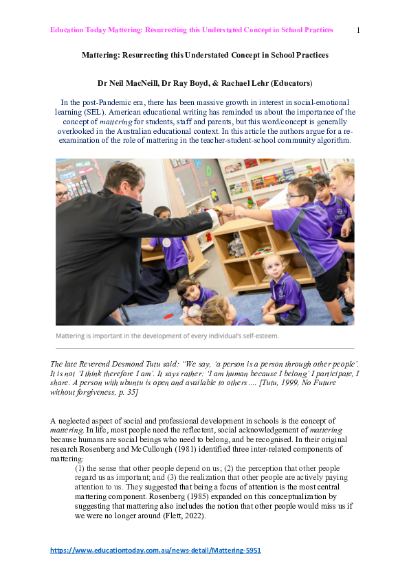 (PDF) Mattering: Resurrecting this Understated Concept in School Practices