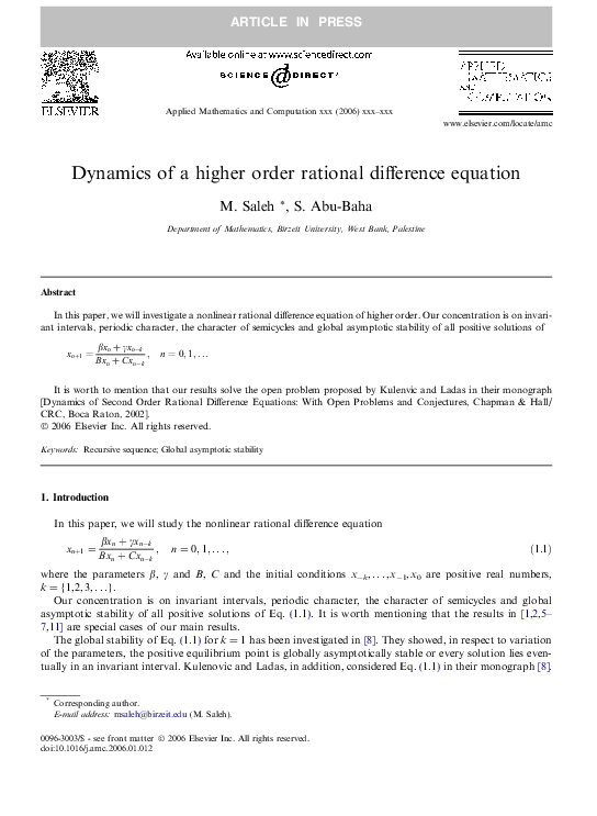 (PDF) Dynamics of a higher order rational difference equation