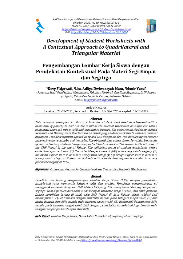 (PDF) Development Of Student Worksheets With A Contextual Approach To ...