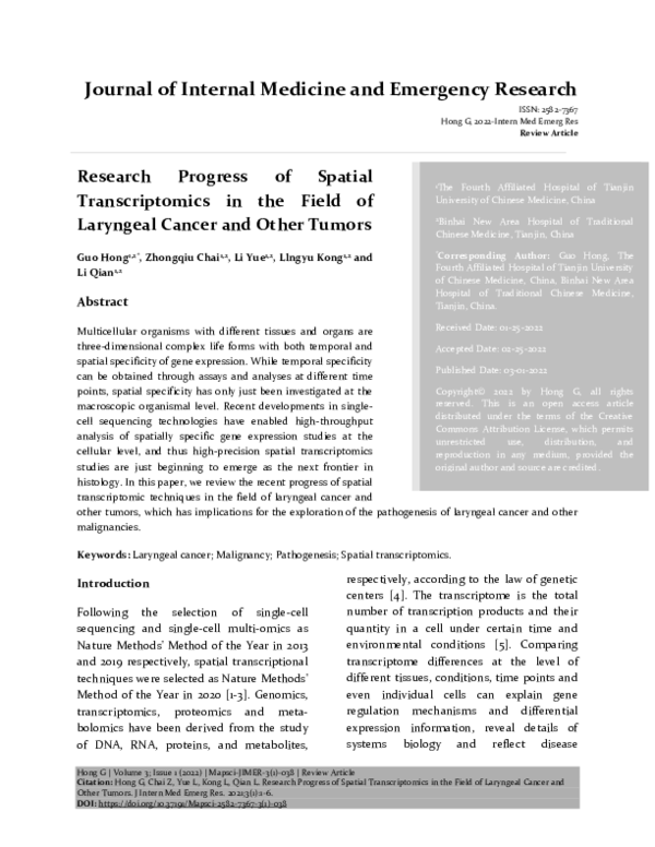 (PDF) Research Progress of Spatial Transcriptomics in the Field of ...