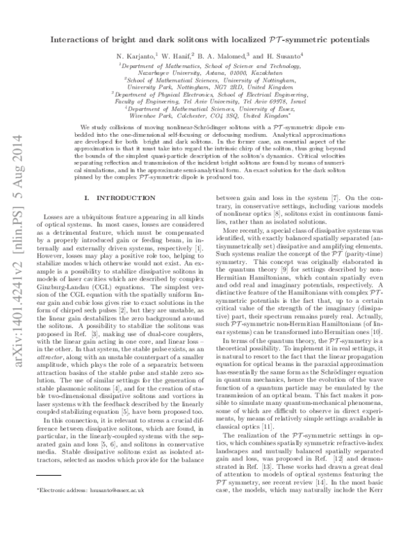 (PDF) Interactions of bright and dark solitons with localized PT ...