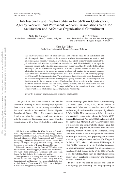 (PDF) Job insecurity and employability in fixed-term contractors ...