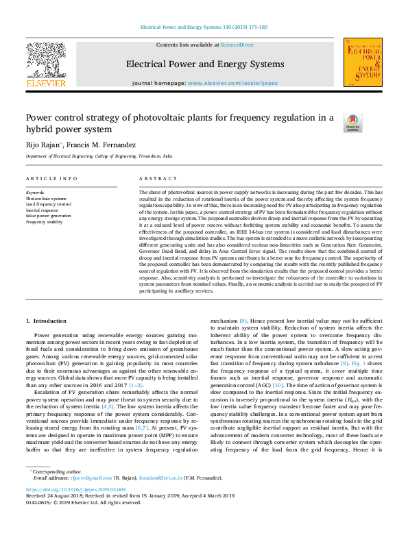 (PDF) Power control strategy of photovoltaic plants for frequency ...