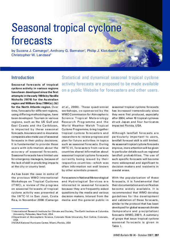 (PDF) Seasonal tropical cyclone forecasts