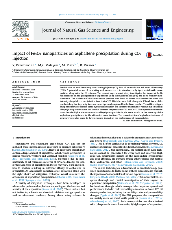 (PDF) Impact of Fe3O4 nanoparticles on asphaltene precipitation during ...