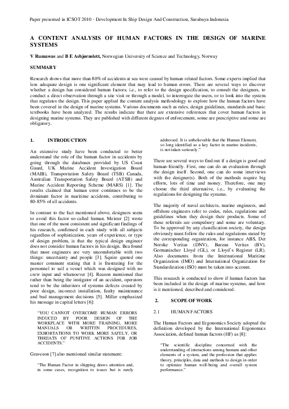 (PDF) A Content Analysis of Human Factors in the Design of Marine Systems