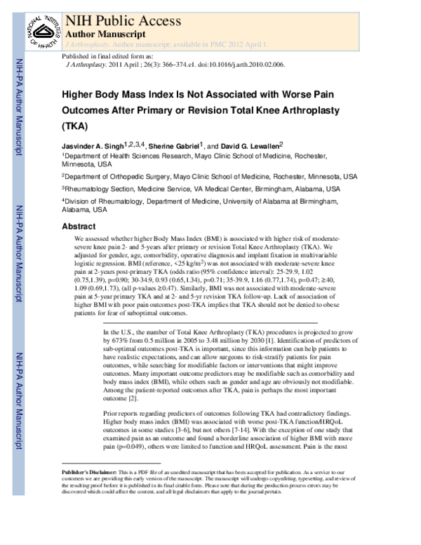 (PDF) Higher Body Mass Index Is Not Associated With Worse Pain Outcomes ...