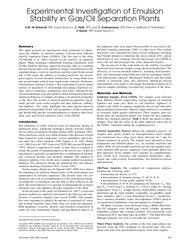(PDF) Experimental Investigation of Emulsion Stability in Gas/Oil ...