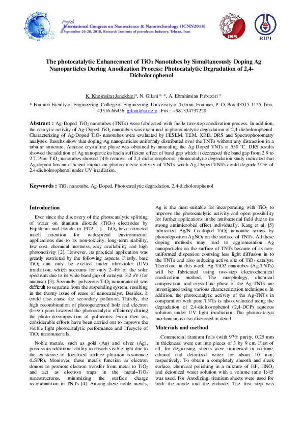(PDF) The photocatalytic Enhancement of TiO2 Nanotubes by ...
