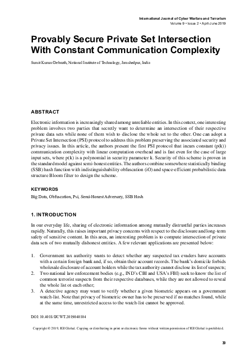 (PDF) Provably Secure Private Set Intersection With Constant ...
