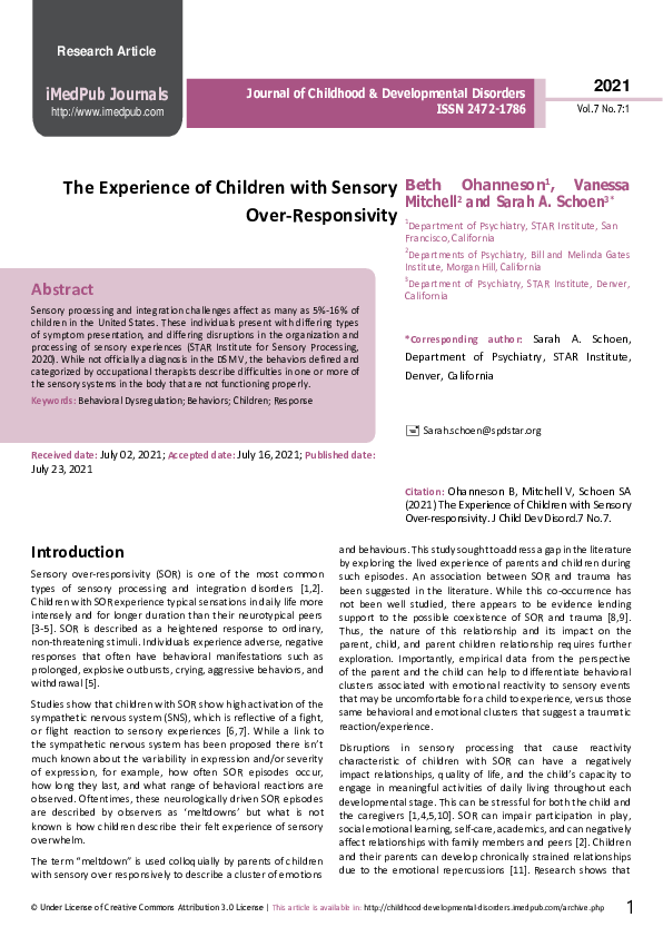 (PDF) The Experience of Children with Sensory Over-Responsivity